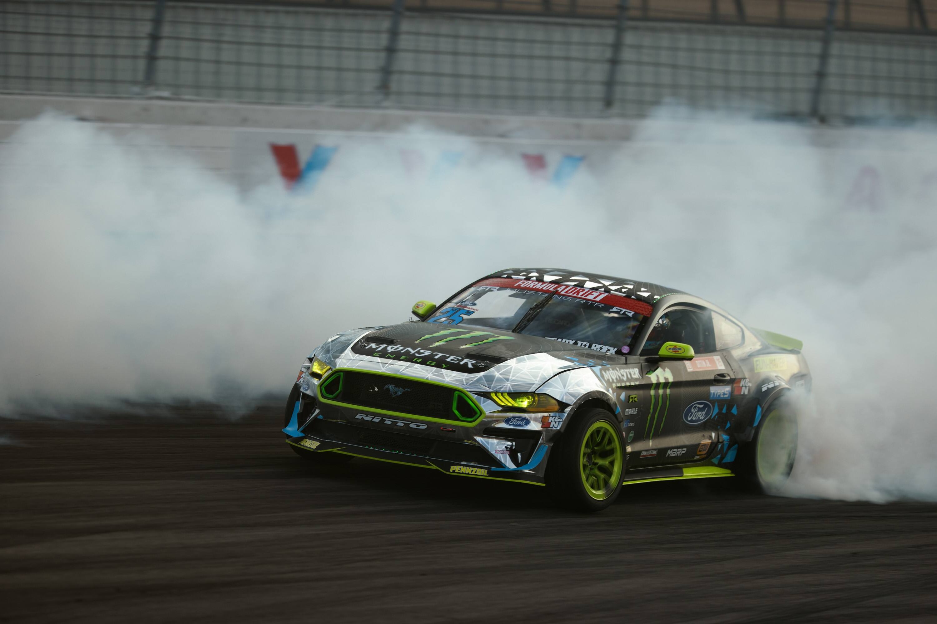 In Formula Drift, Vaughn Gittin Jr. finished fourth after a rear suspension issue knocked him out. In Formula Drift, Vaughn Gittin Jr. finished fourth after a rear suspension issue knocked him out.